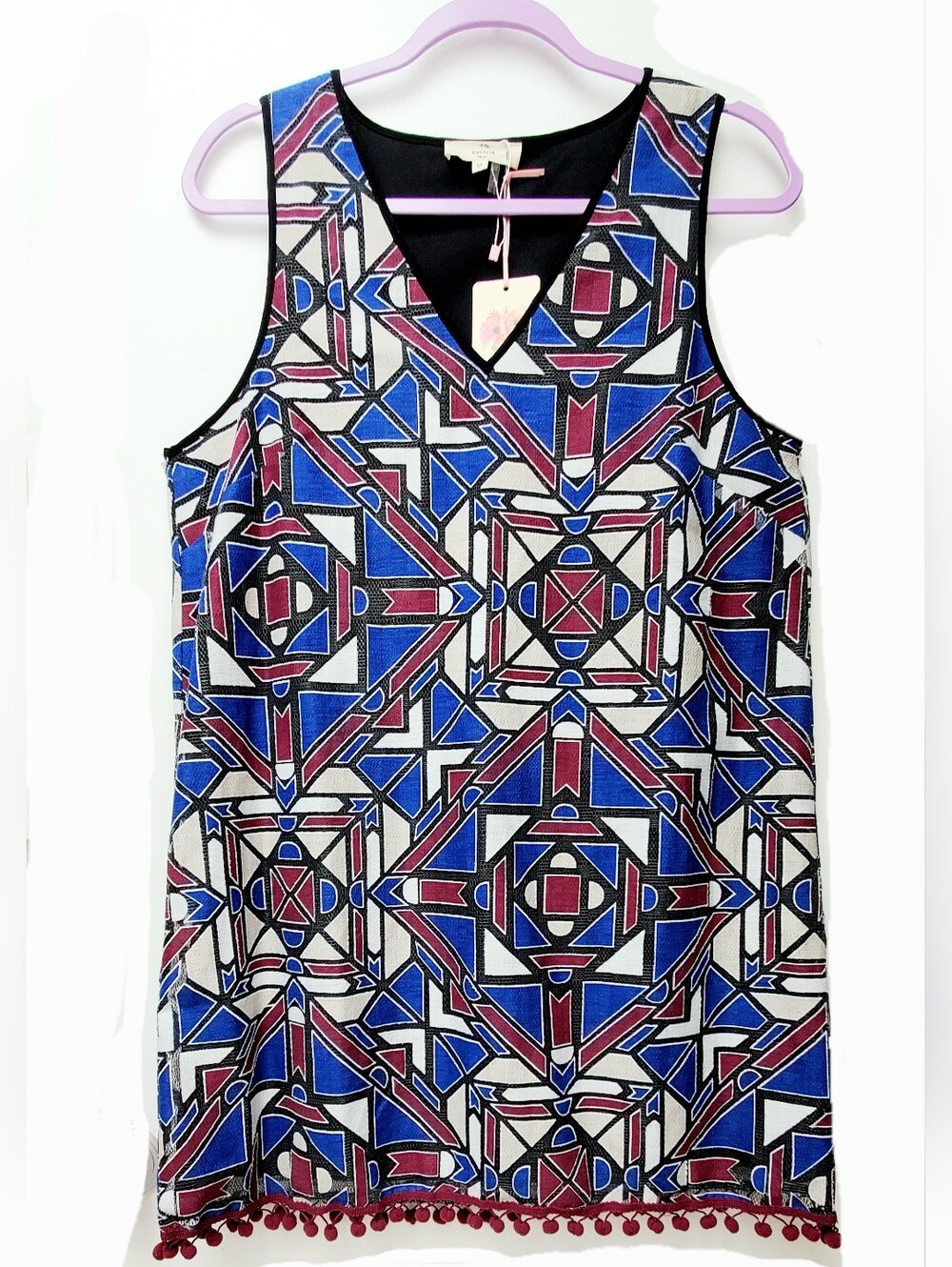 Entro Geometric Mod Boho Vneck Tunic Top Mini Dress Pop Pom Hem Size Medium New